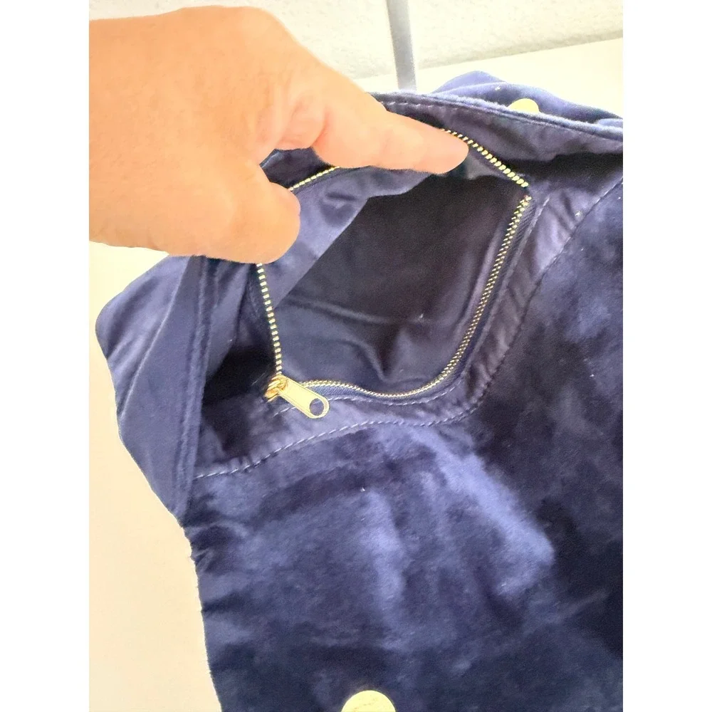 Merona Navy Blue Velvet Foldover Clutch Bag Gold Zipper Evening Pouch‎